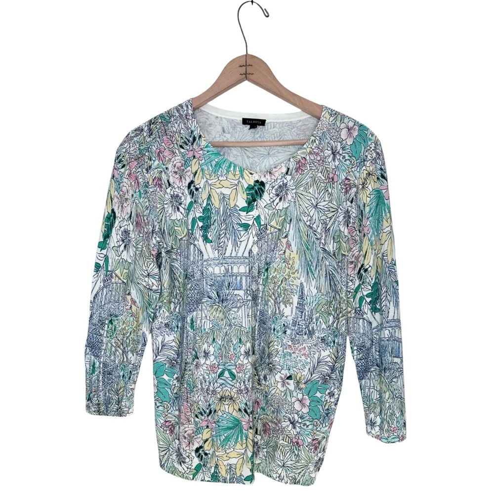 Talbots Botanical Monstera Floral Print Pastel Cardigan Size Medium